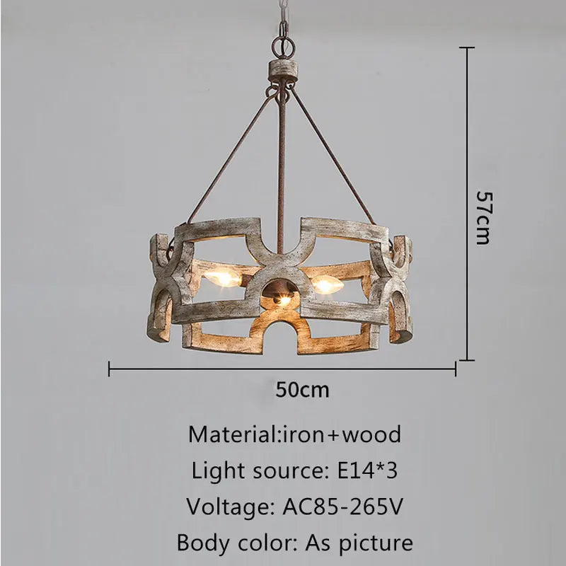 Lustre couronne en bois ajouré de 50 cm, 3 lumières E14 patinées
