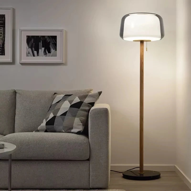 Lampadaire double verre et bois au socle en marbre, 148 cm