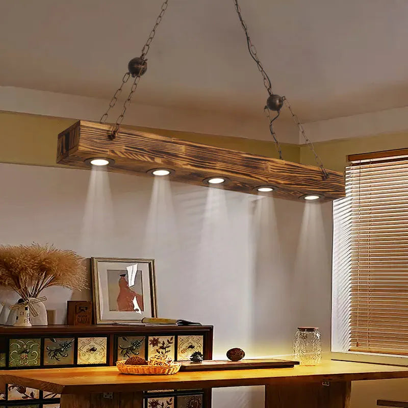 Lustre poutre en bois brûlé à spots LED, 4 ou 5 lumières, chaînes