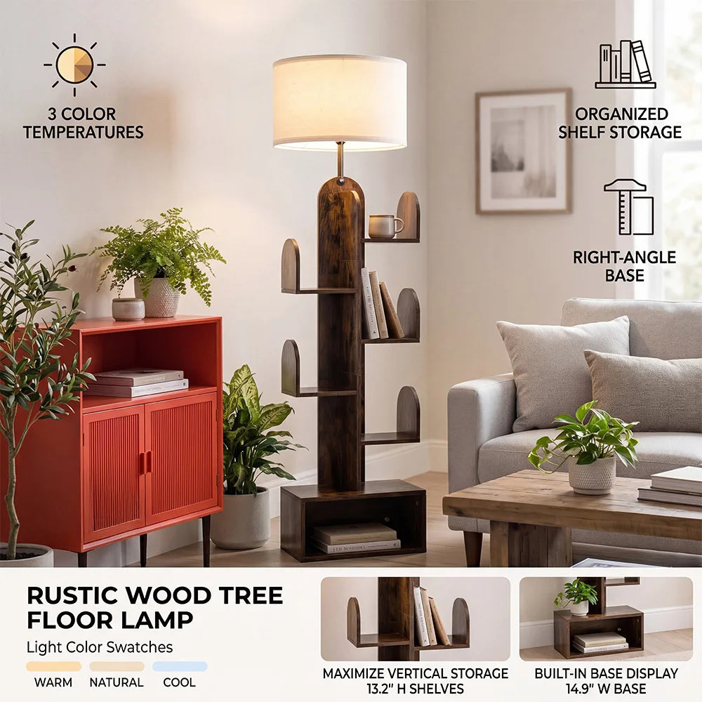 Lampadaire cactus en bois avec étagères, abat-jour en tissu
