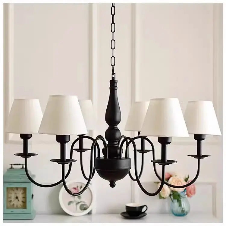 Lustre rustique en fer noir à abat-jour en tissu, 3 à 6 bras