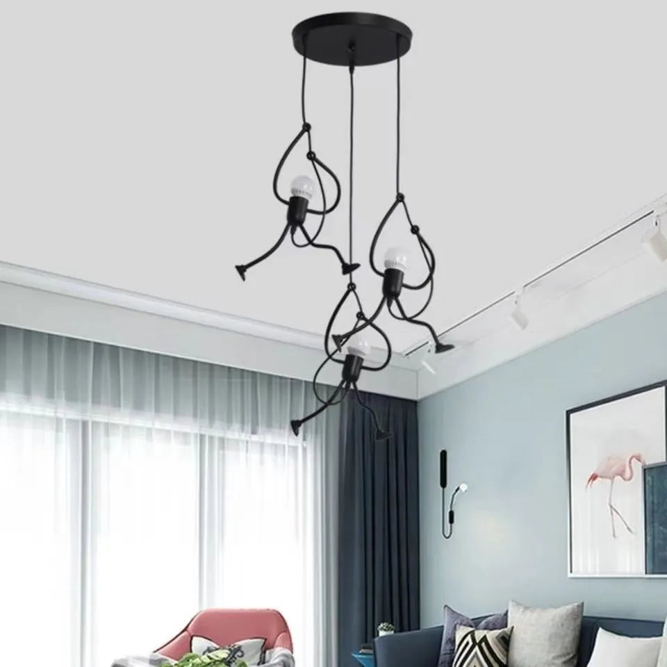 Suspension petits bonshommes en fer noir, 1 ou 3 lumières, E27