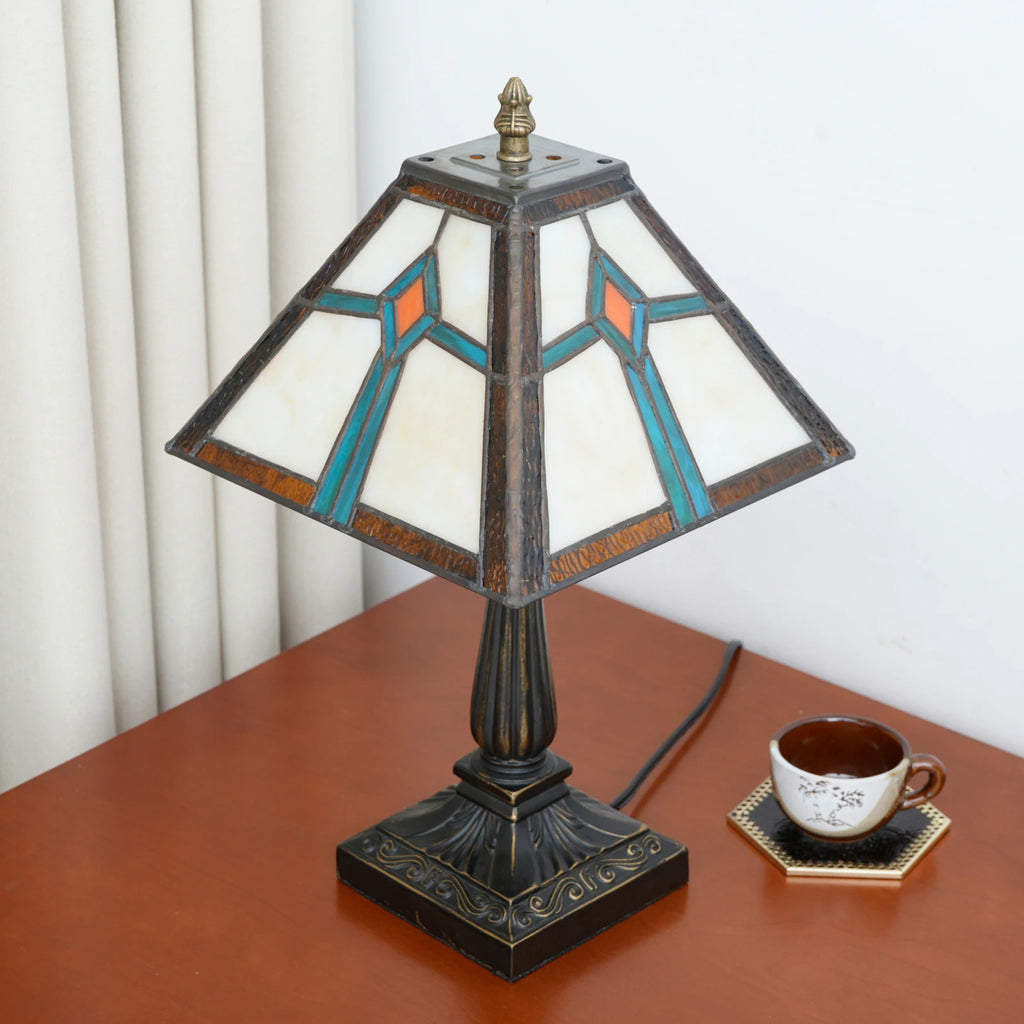 Lampe de table style Mission en vitrail, abat-jour pyramidal 28 cm