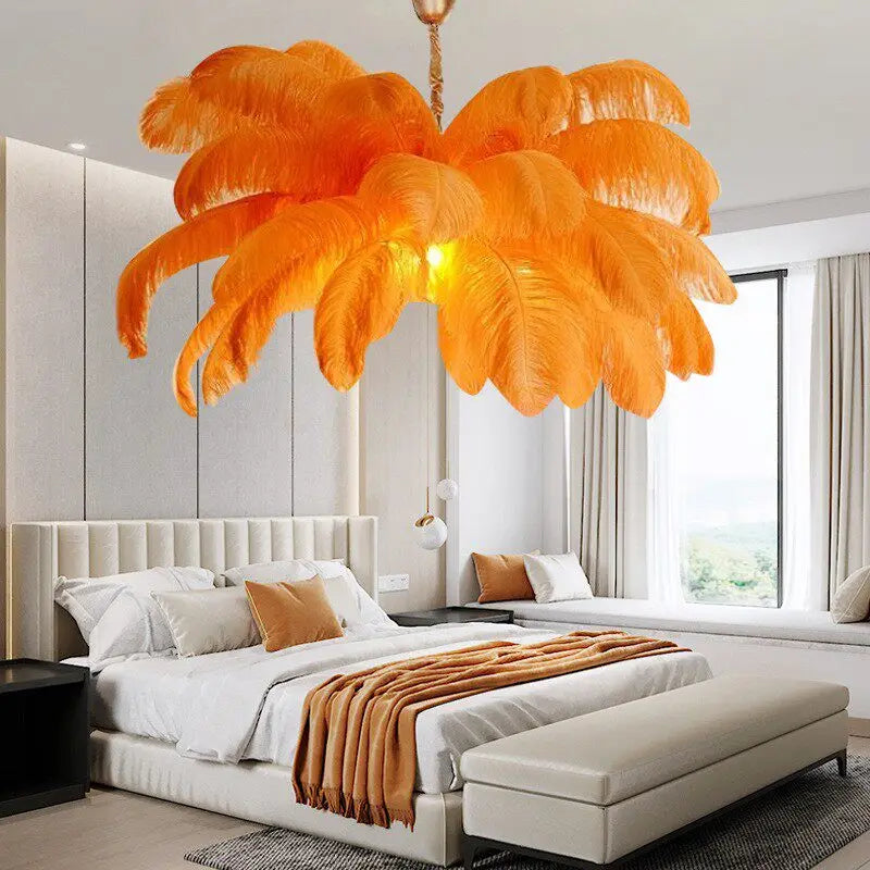 Lustre plumes d'autruche bleu, rose ou blanc sur chaîne, Ø 60-100 cm