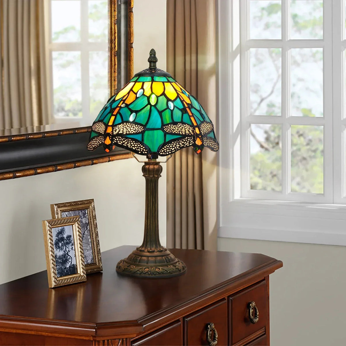 Lampe de chevet Tiffany 20 cm en vitrail, 17 décors au choix