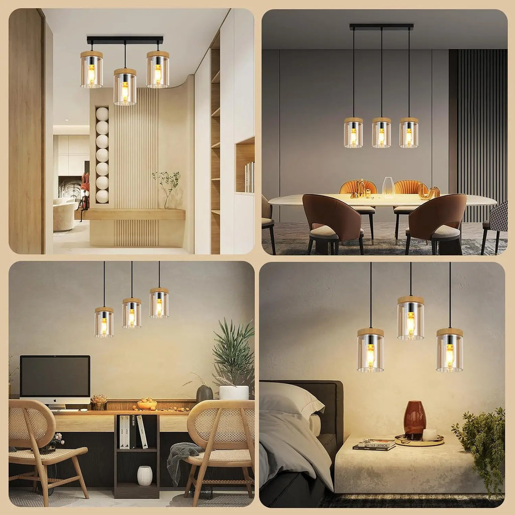 Suspension en verre ambré et coiffe effet bois, 1 ou 3 lumières