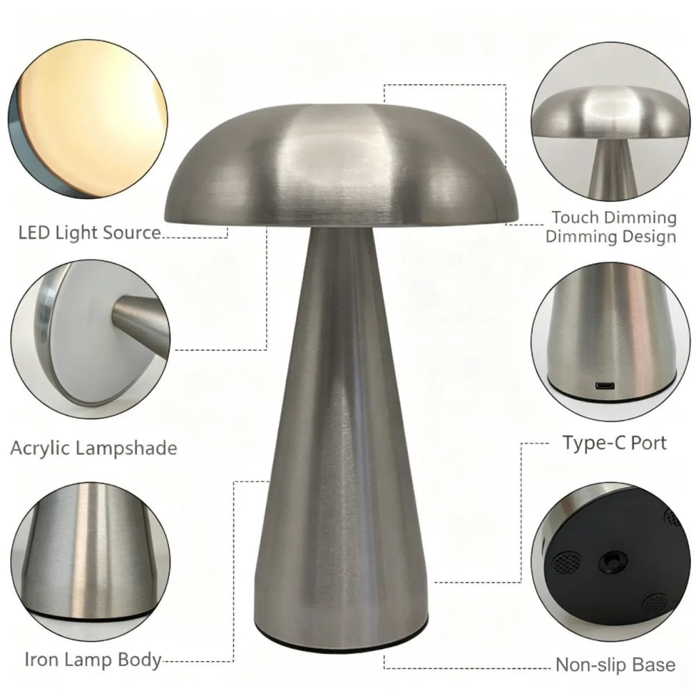 Lampe de table sans fil champignon en métal doré ou argenté