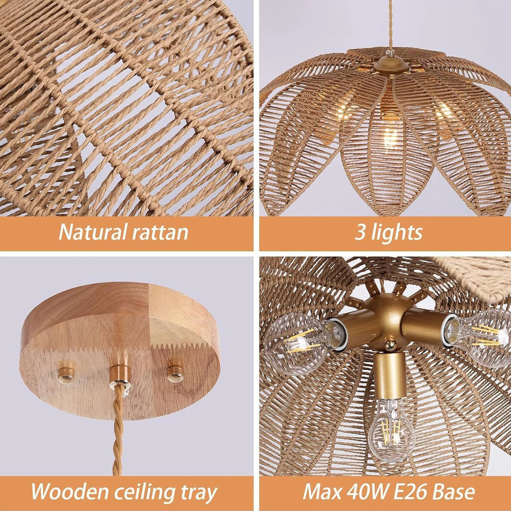Suspension pétales de lotus en rotin, 3 lumières, Ø 60 cm