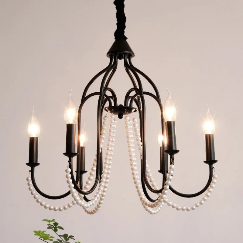 Lustre noir à perles et pampilles de style français, bougies E14