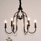 Lustre noir à perles et pampilles de style français, bougies E14
