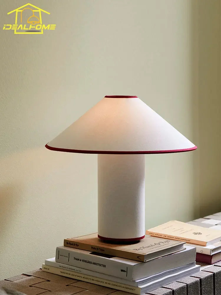 Lampe champignon en tissu coton-lin, liseré noir ou rouge, E14