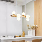 Lustre barre en bois à globes de verre opalin, 5 à 9 lumières LED