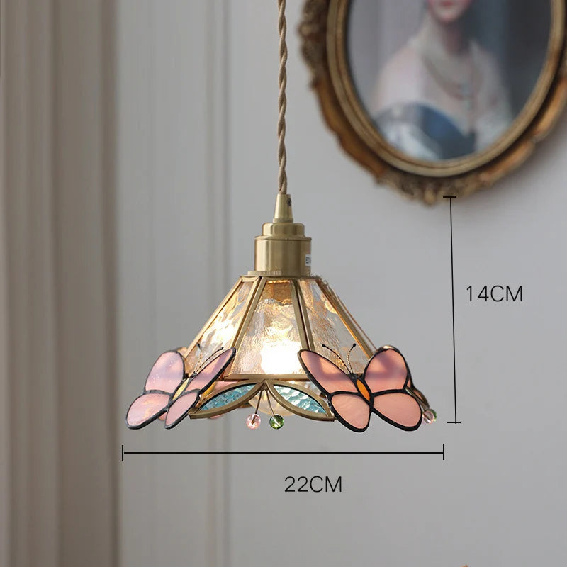 Plafonnier en verre vitrail à papillons roses et laiton, E27