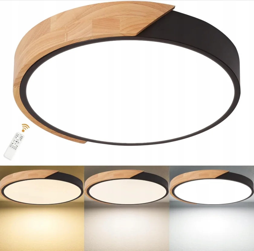 Plafonnier LED noir et bois Ø 30 cm, 24 W ou 43 W à télécommande