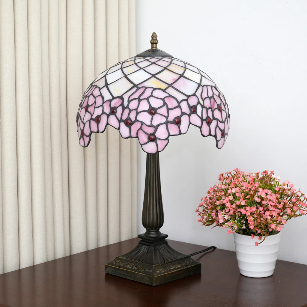 Lampe de chevet Tiffany en vitrail rose à fleurs de cerisier, 49 cm
