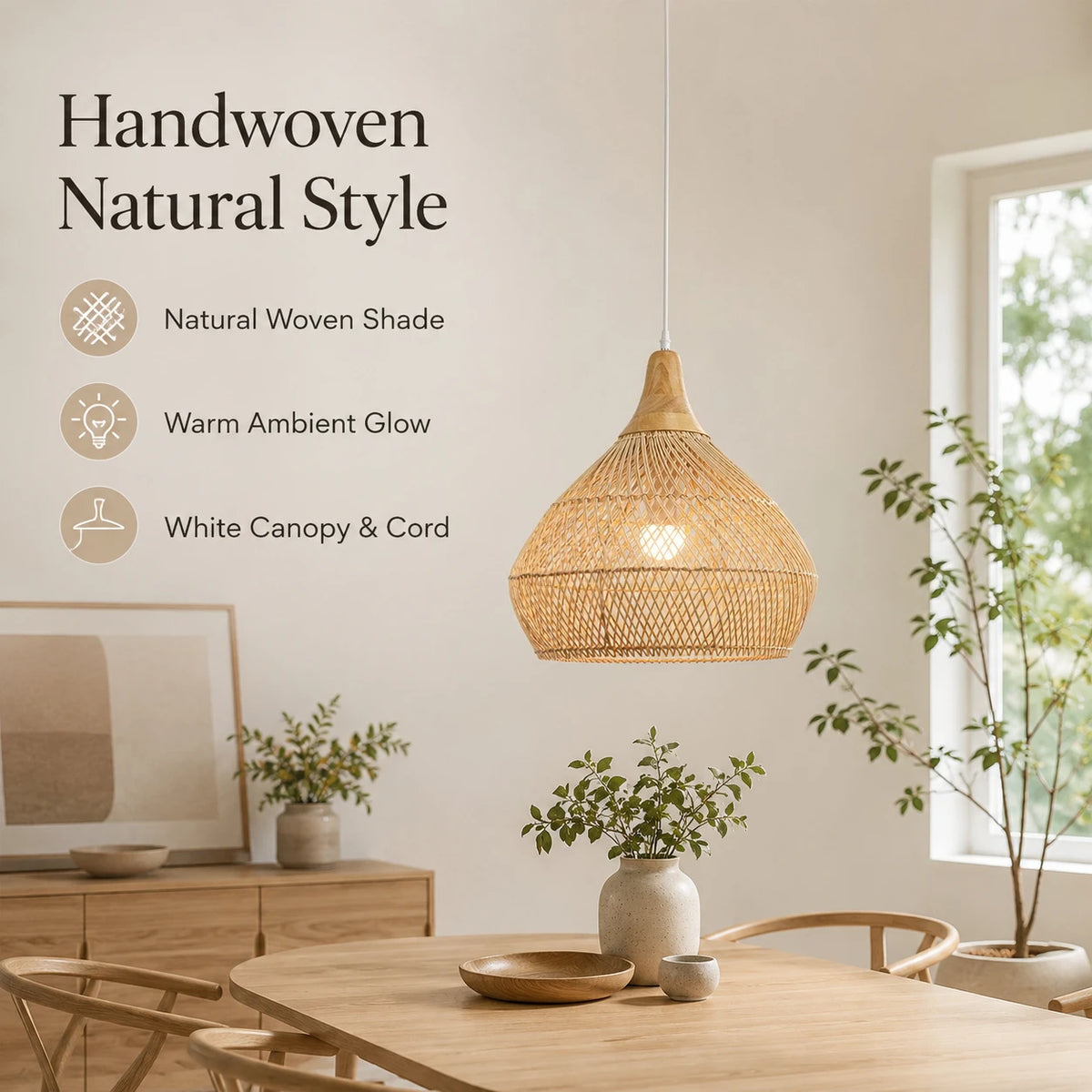 Suspension bulbe en rotin, coiffe en bois et câble blanc de 150 cm