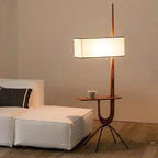 Lampadaire en bois courbé en U avec tablette, abat-jour en tissu