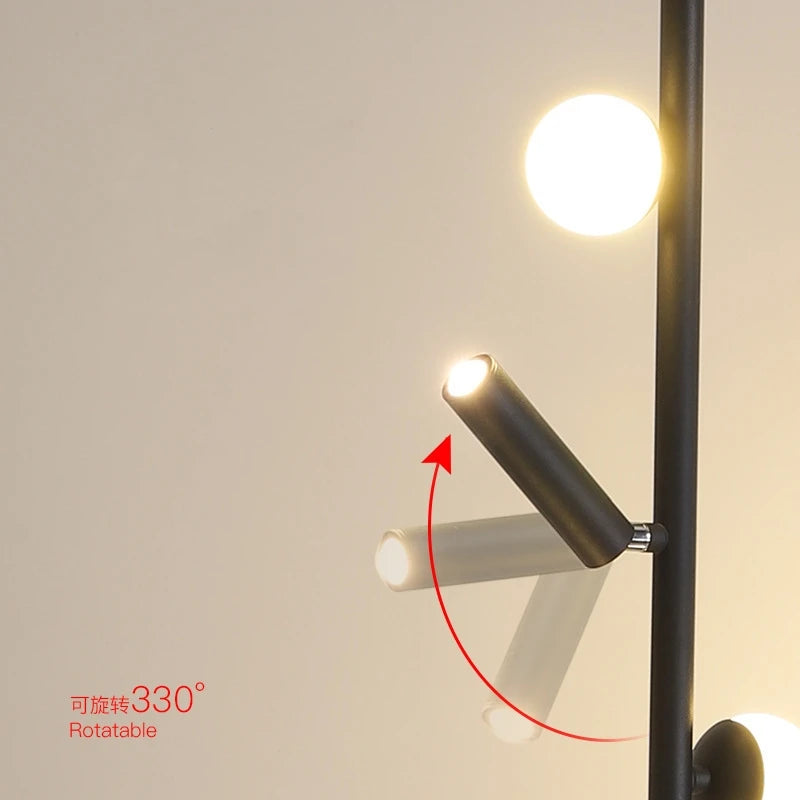 Lampadaire noir à trois boules et trois spots orientables, 158 cm