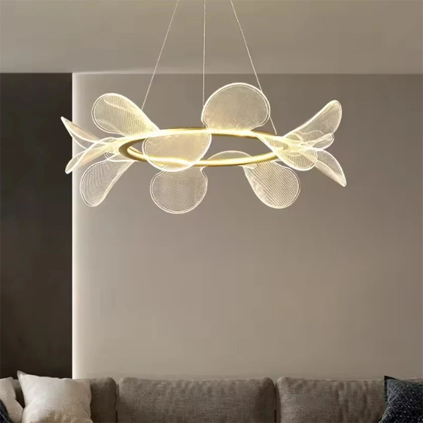 Lustre LED anneau doré à pétales en acrylique transparent