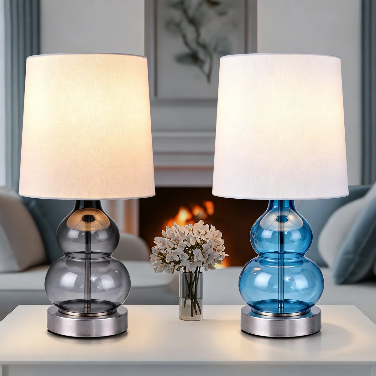 Lampe de chevet à pied double gourde en verre bleu ou gris, 44,4 cm
