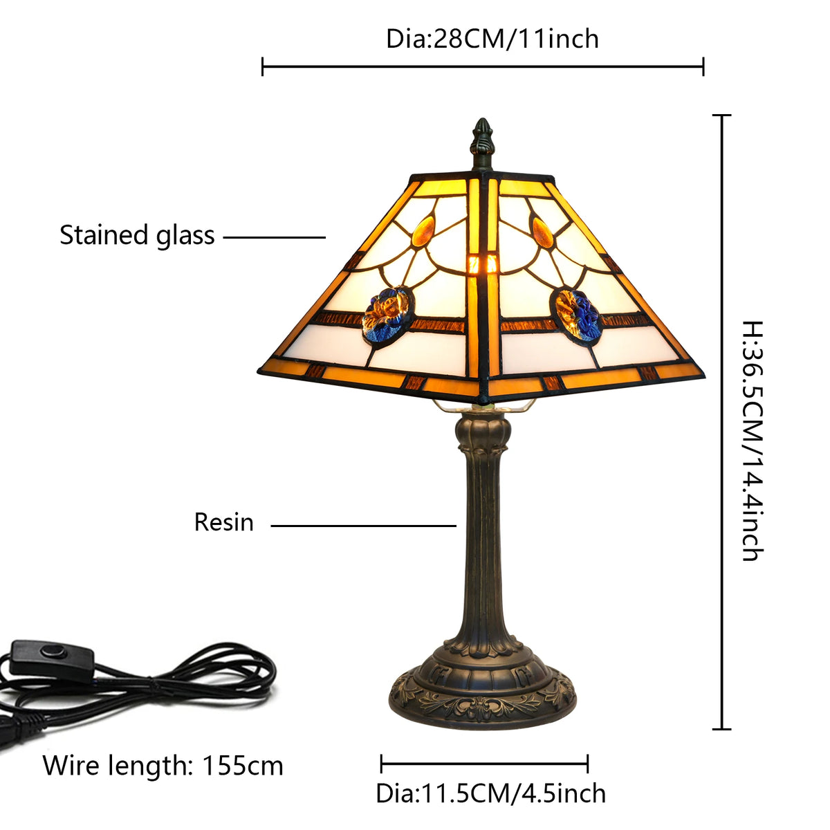 Lampe à poser en vitrail ivoire et ambre, abat-jour pyramide 28 cm