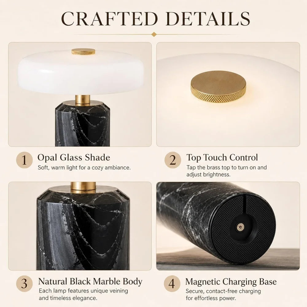 Lampe de chevet sans fil en marbre, abat-jour en verre opalin