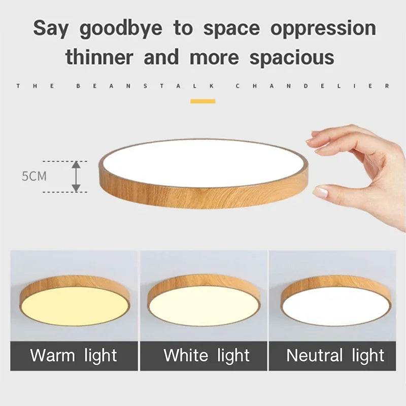 Plafonnier LED extra-plat rond finition bois clair, Ø 23 ou 30 cm