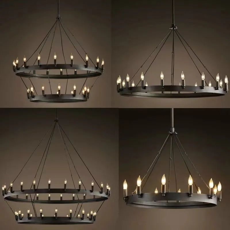 Lustre couronne à bougies E14 noir ou doré, simple ou double