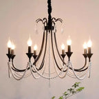 Lustre noir à perles et pampilles de style français, bougies E14