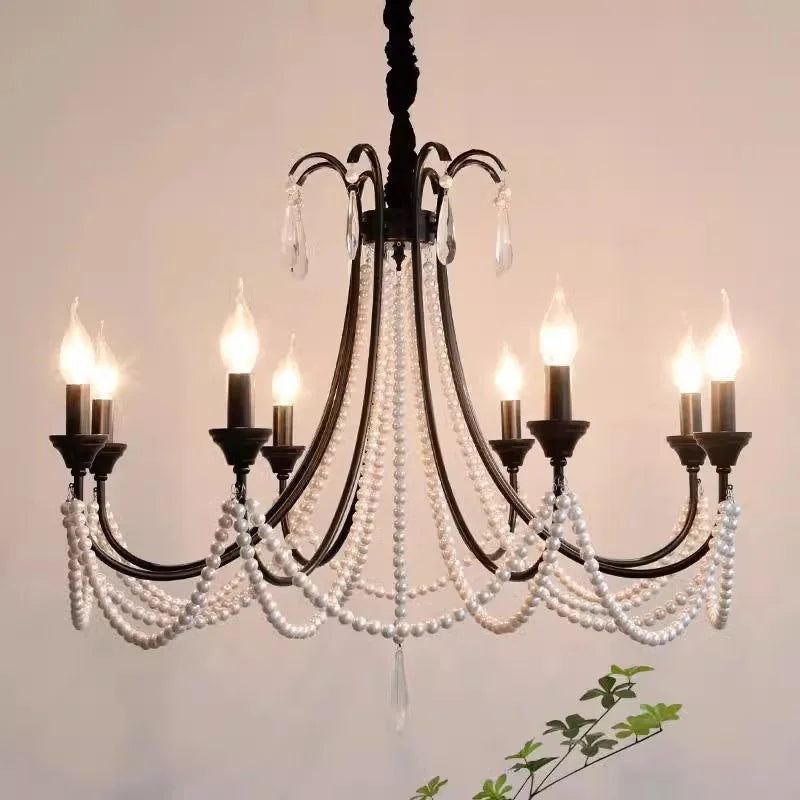 Lustre noir à perles et pampilles de style français, bougies E14