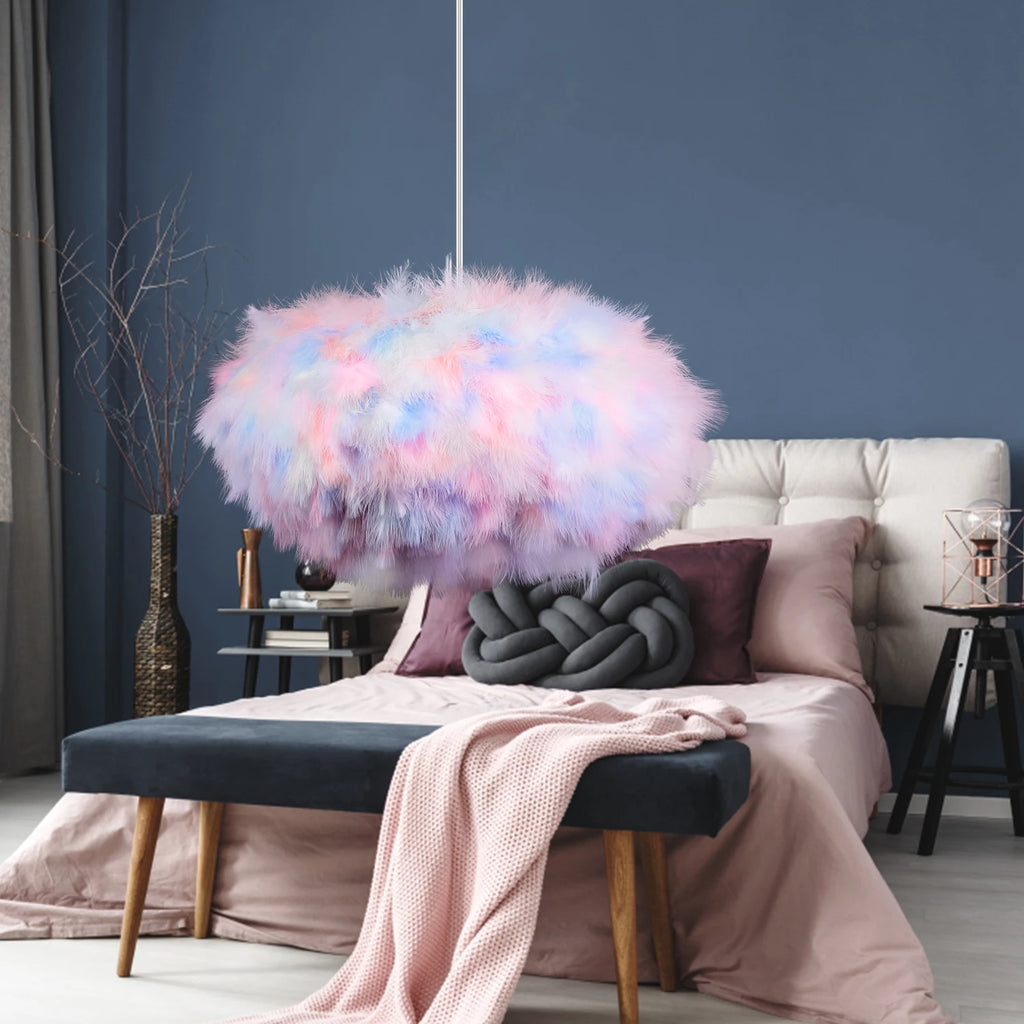 Lustre en plumes pastel multicolores, 5 formes de 15 à 35 cm, E27