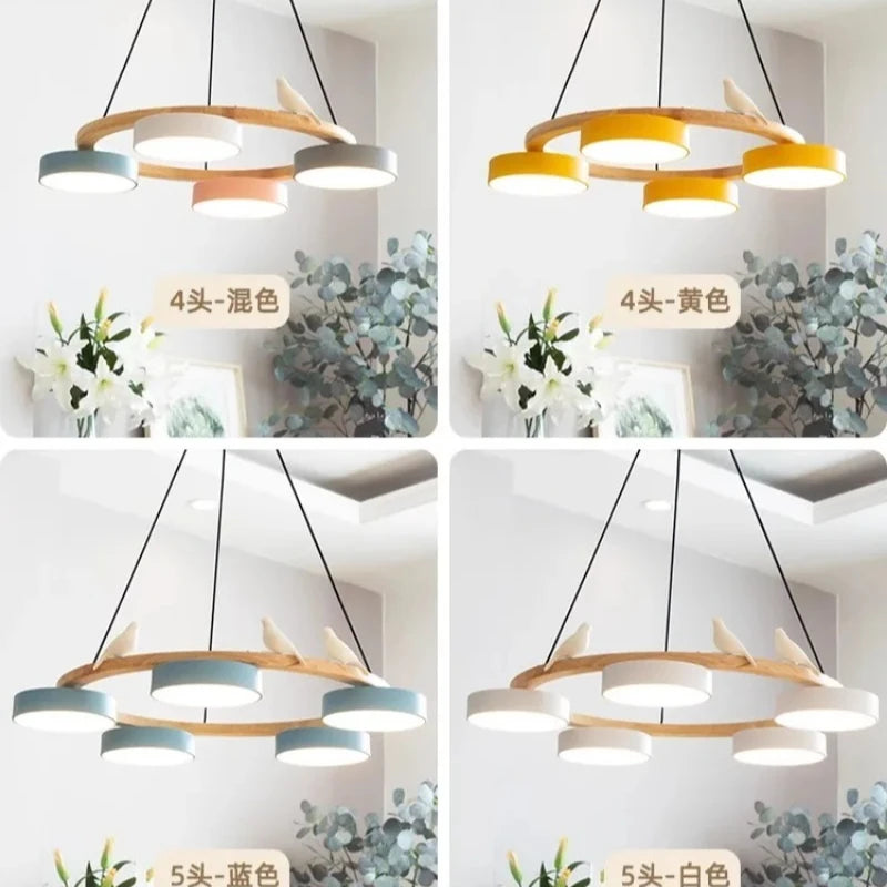 Lustre en bois à oiseaux et têtes LED colorées, couronne ou barre