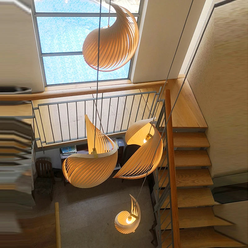 Lustre en bois cintré à spirales façon coquillage, 1 à 8 lumières