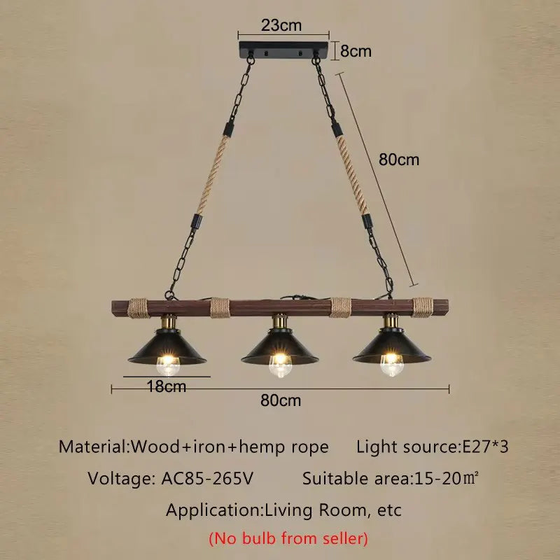 Lustre barre en bois et chanvre à 2 ou 3 cônes en métal noir