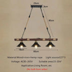 Lustre barre en bois et chanvre à 2 ou 3 cônes en métal noir