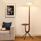 Lampadaire en bois courbé en U avec tablette, abat-jour en tissu