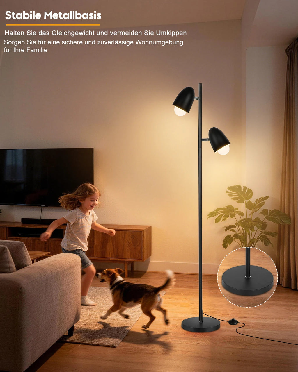 Lampadaire noir à deux têtes orientables, 163 cm, ampoules fournies