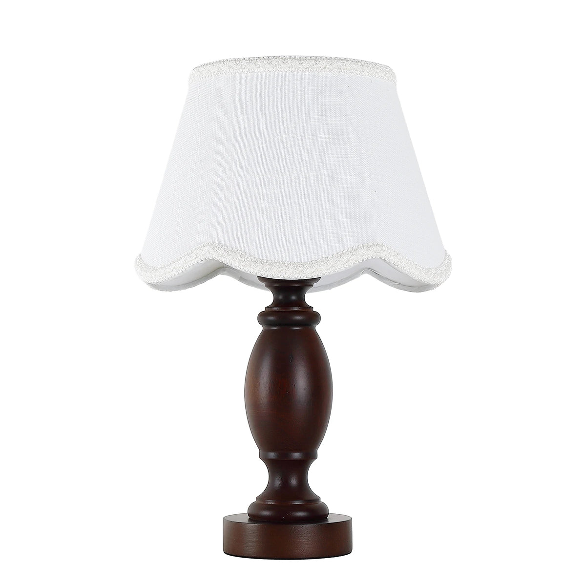 Lampe de chevet pied en bois tourné, abat-jour blanc festonné, E27