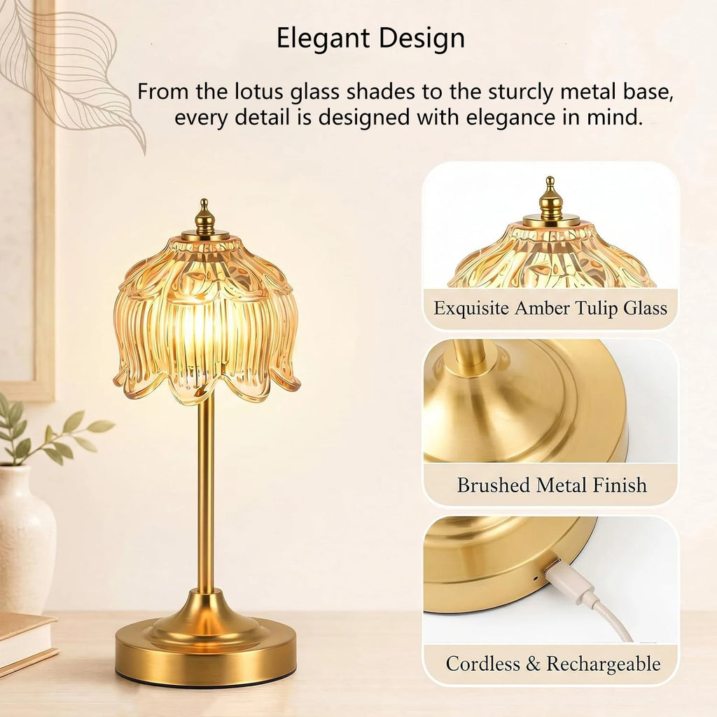 Lampe de table sans fil en verre ambré, tulipe ou lotus, pied doré