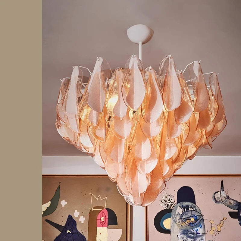 Lustre à pétales de verre rose ou vert, Ø 55, 78 ou 100 cm, G9