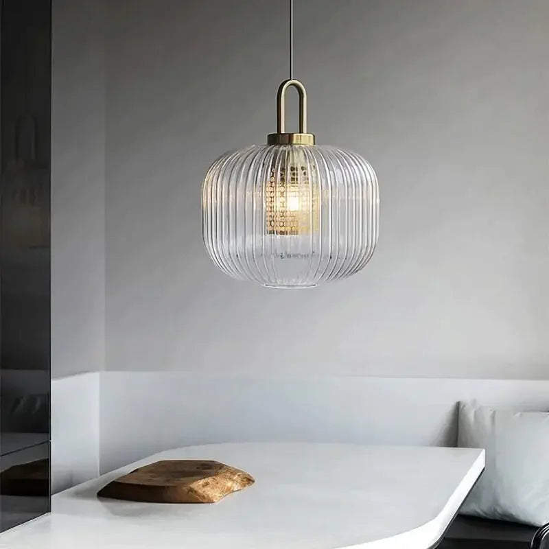 Suspension lanterne en verre cannelé laiteux ou clair, 4 tailles