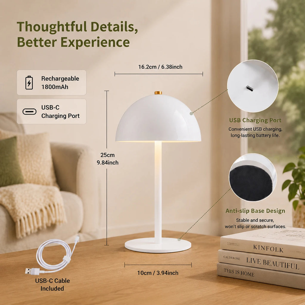 Lampe champignon sans fil à dôme laqué, tactile, cinq coloris