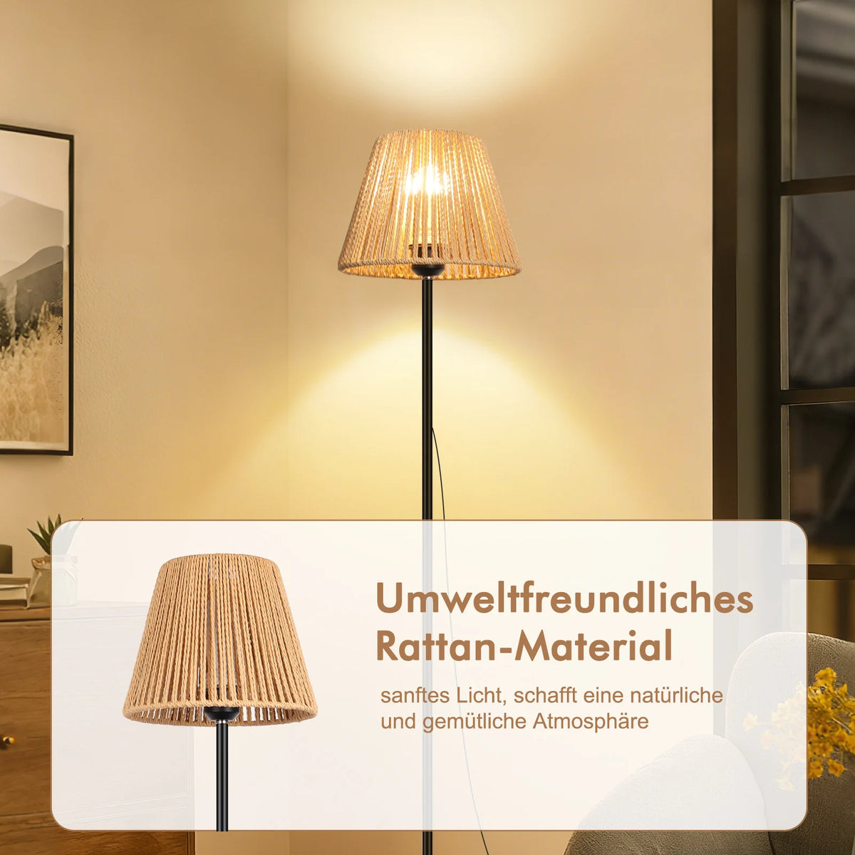 Lampadaire en rotin tressé à l'unité ou par deux, pied fin 140 cm