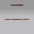 Suspension LED tube en bois et bagues dorées, 90 à 180 cm