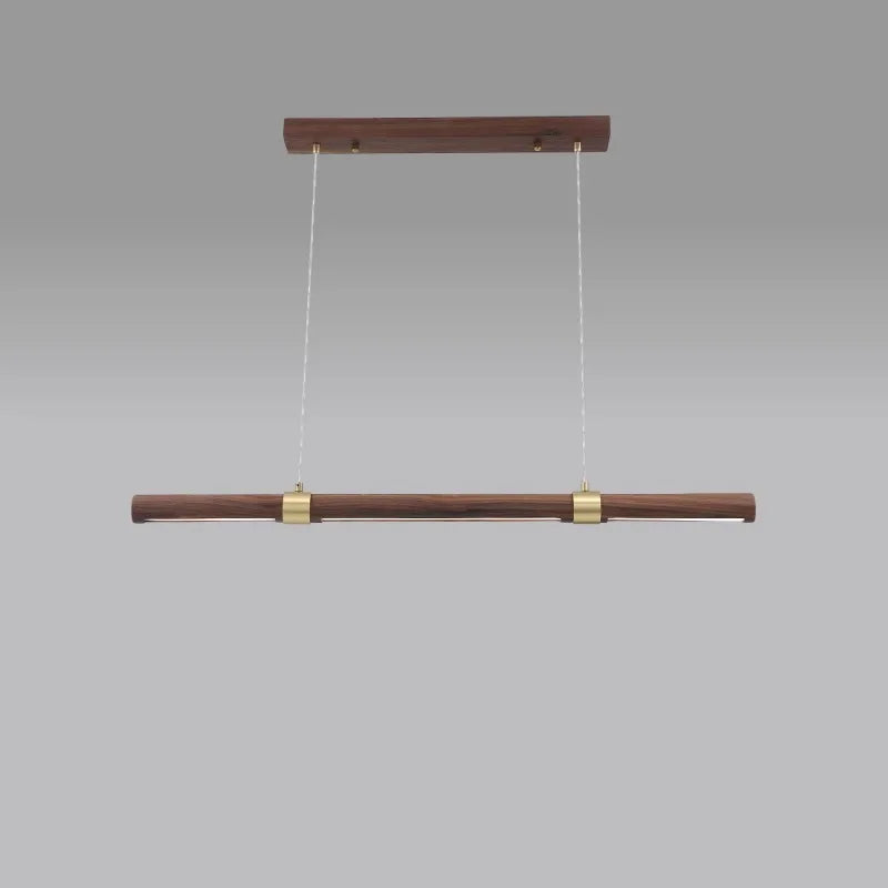 Suspension LED tube en bois et bagues dorées, 90 à 180 cm