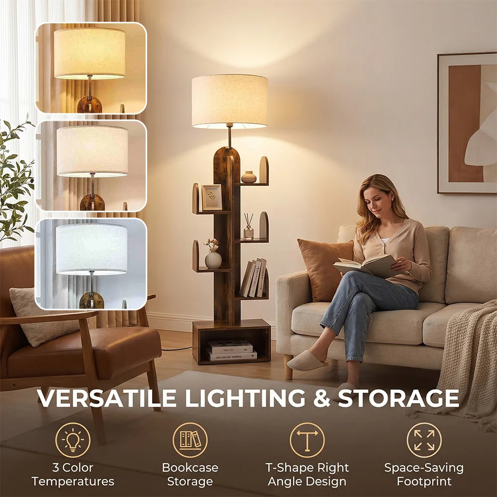 Lampadaire cactus en bois avec étagères, abat-jour en tissu