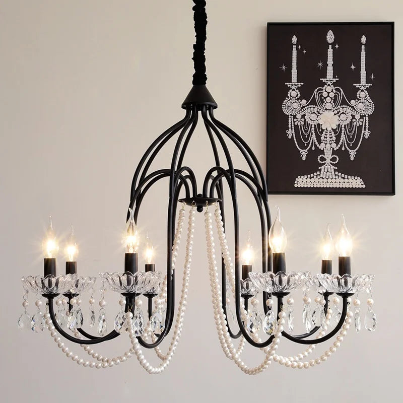 Lustre noir à perles et pampilles de style français, bougies E14