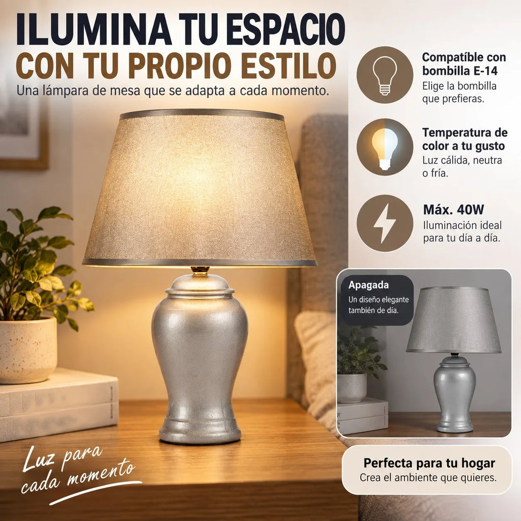 Lampe de chevet en céramique argentée, abat-jour en tissu, 39 cm