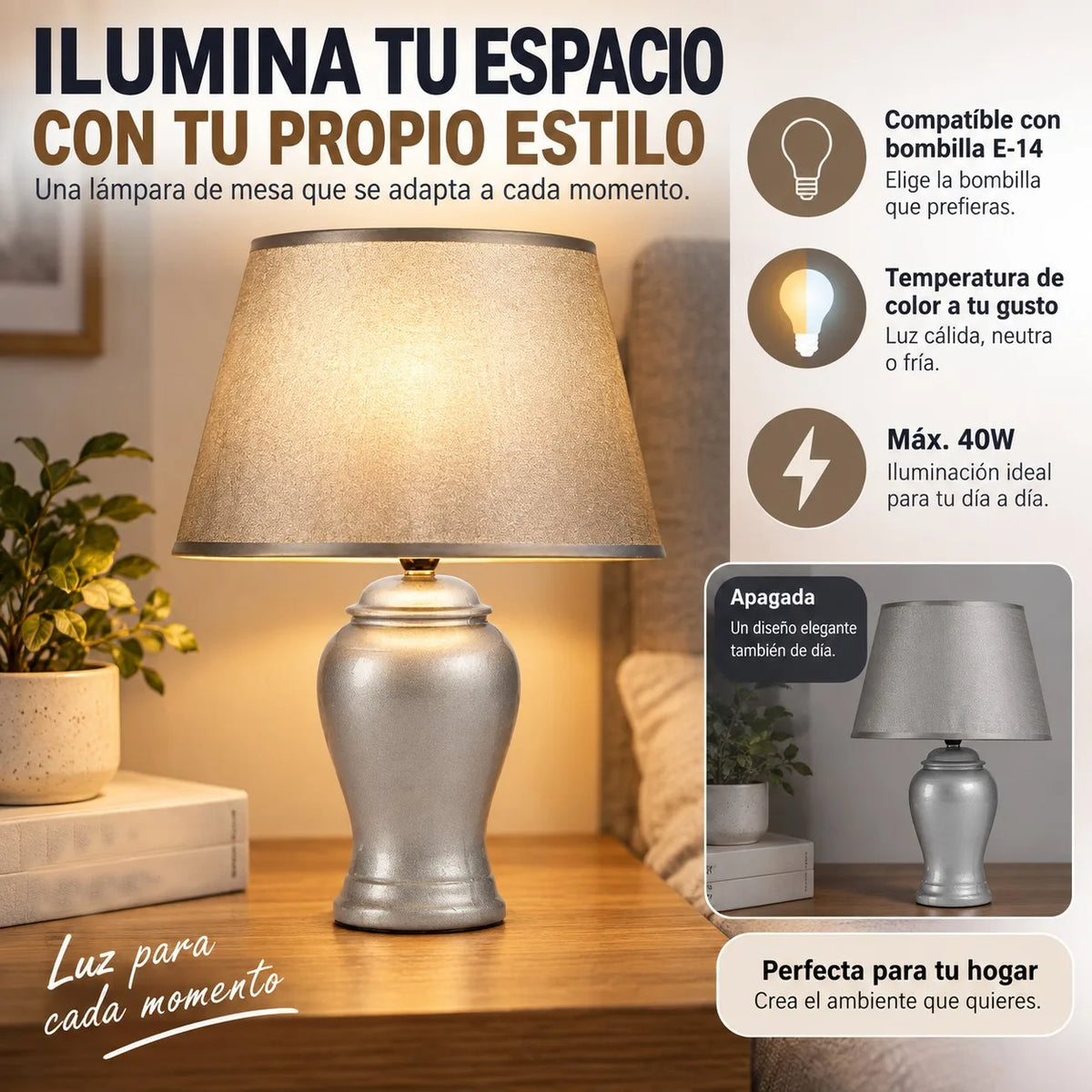 Lampe de chevet en céramique argentée, abat-jour en tissu, 39 cm
