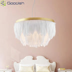 Lustre plumes et anneau doré Ø 40 ou 50 cm, blanc, gris ou rose